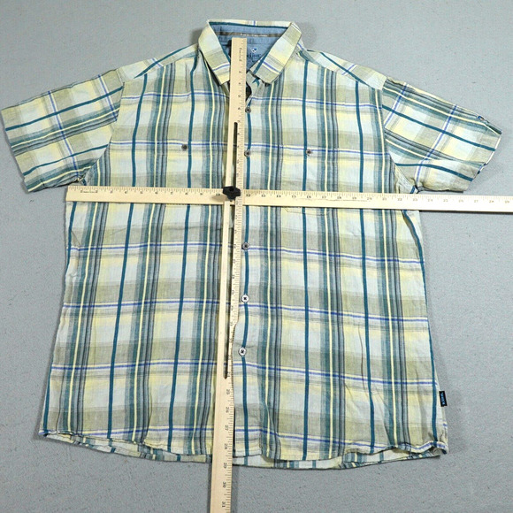 Kuhl Shirt Mens Size 2XL Short Sleeve Metal Button Linen Blend Plaid Yellow Gray - Picture 4 of 9
